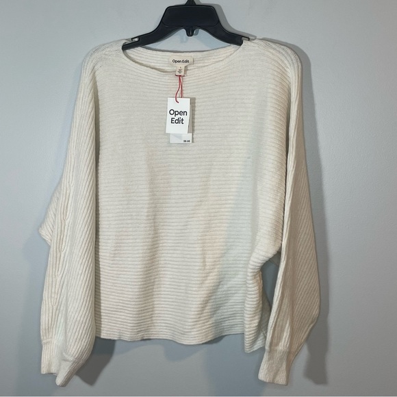 Open Edit Scoop neck Wool Blend LS Ribbed sweater Size L Cream - Picture 1 of 5